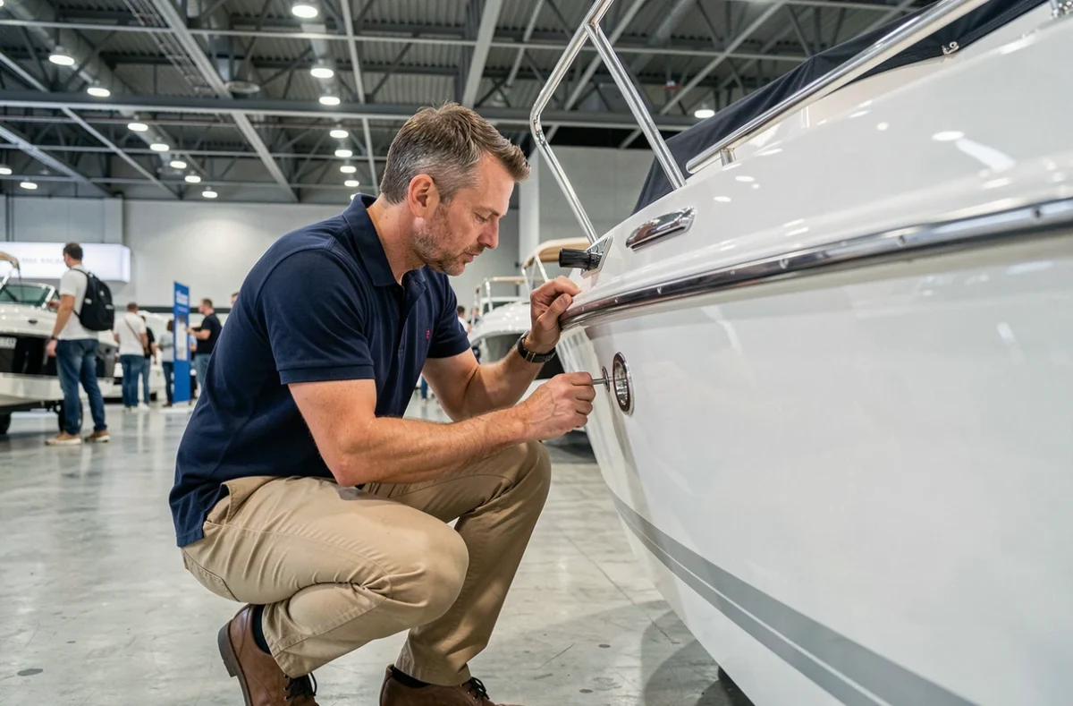 Homme inspectant la coque d'un bateau à moteur dans un salon nautique intérieur pour trouver un bon prix