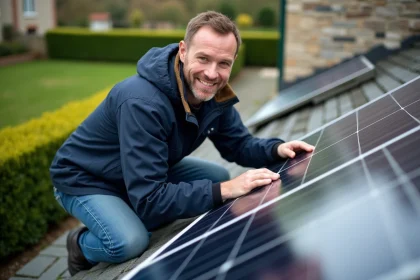Homme posant un panneau solaire sur un toit normand