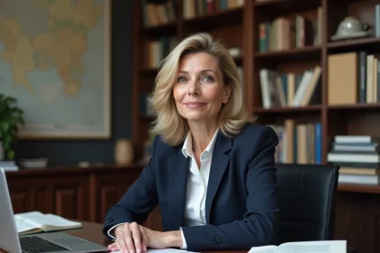 Journaliste professionnelle assise à son bureau éditorial, entourée de livres et de documents de recherche, représentant le parcours d'Isabelle Lasserre