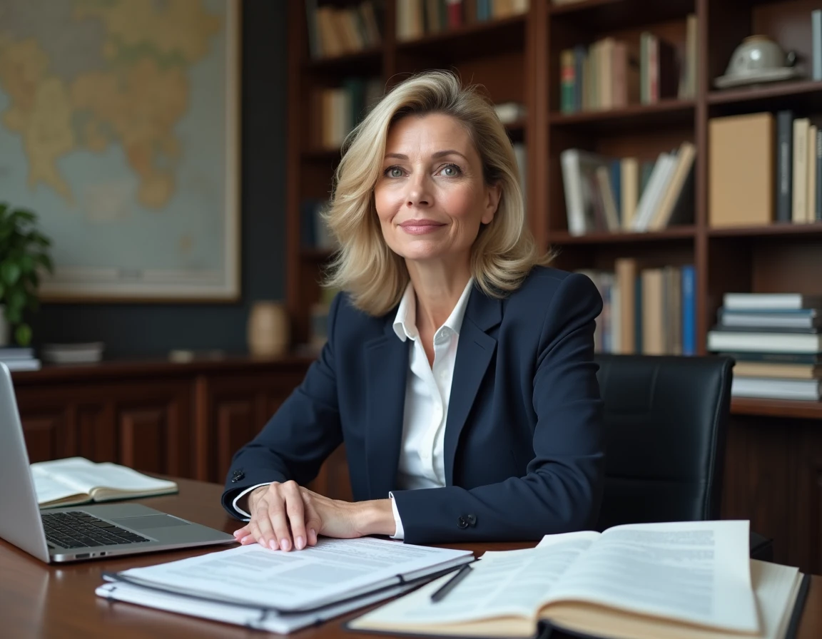 Journaliste professionnelle assise à son bureau éditorial, entourée de livres et de documents de recherche, représentant le parcours d'Isabelle Lasserre