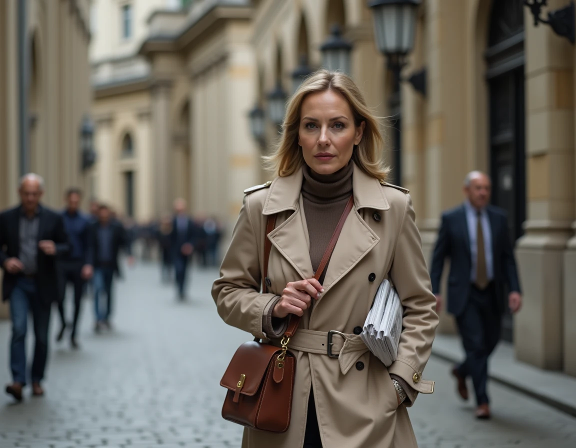 Journaliste de presse marchant dans la cour d'un bâtiment institutionnel parisien, symbolisant le parcours professionnel et l'expertise d'Isabelle Lasserre en journalisme politique