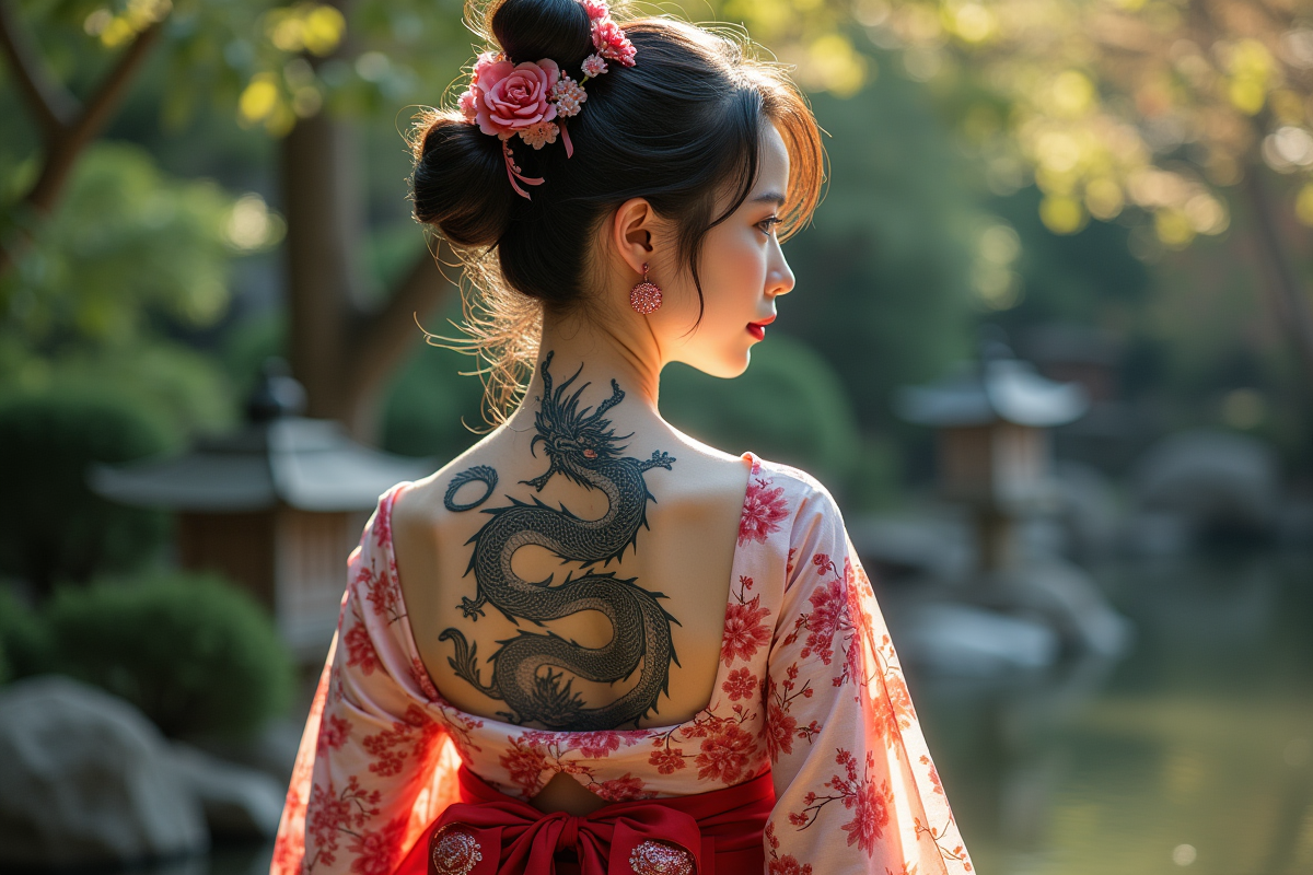 Fille dans un jardin japonais avec tatouage de dragon et cerisier