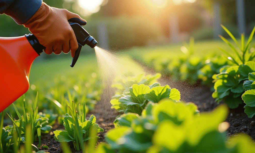 Jardinier portant des gants utilisant un spray contre mauvaises herbes dans le jardin