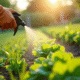 Jardinier portant des gants utilisant un spray contre mauvaises herbes dans le jardin