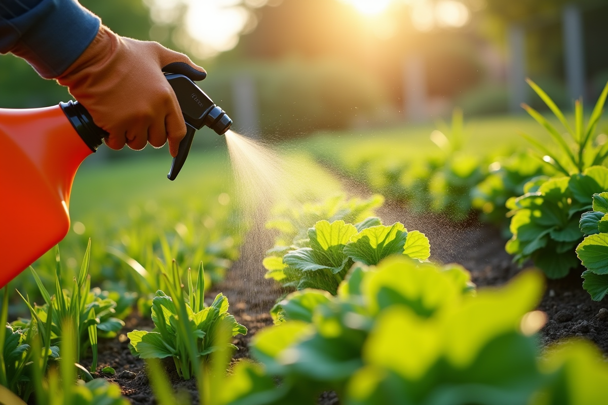 Jardinier portant des gants utilisant un spray contre mauvaises herbes dans le jardin