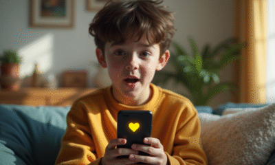 Jeune adulte surpris avec smartphone et emoji cœur jaune