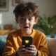 Jeune adulte surpris avec smartphone et emoji cœur jaune