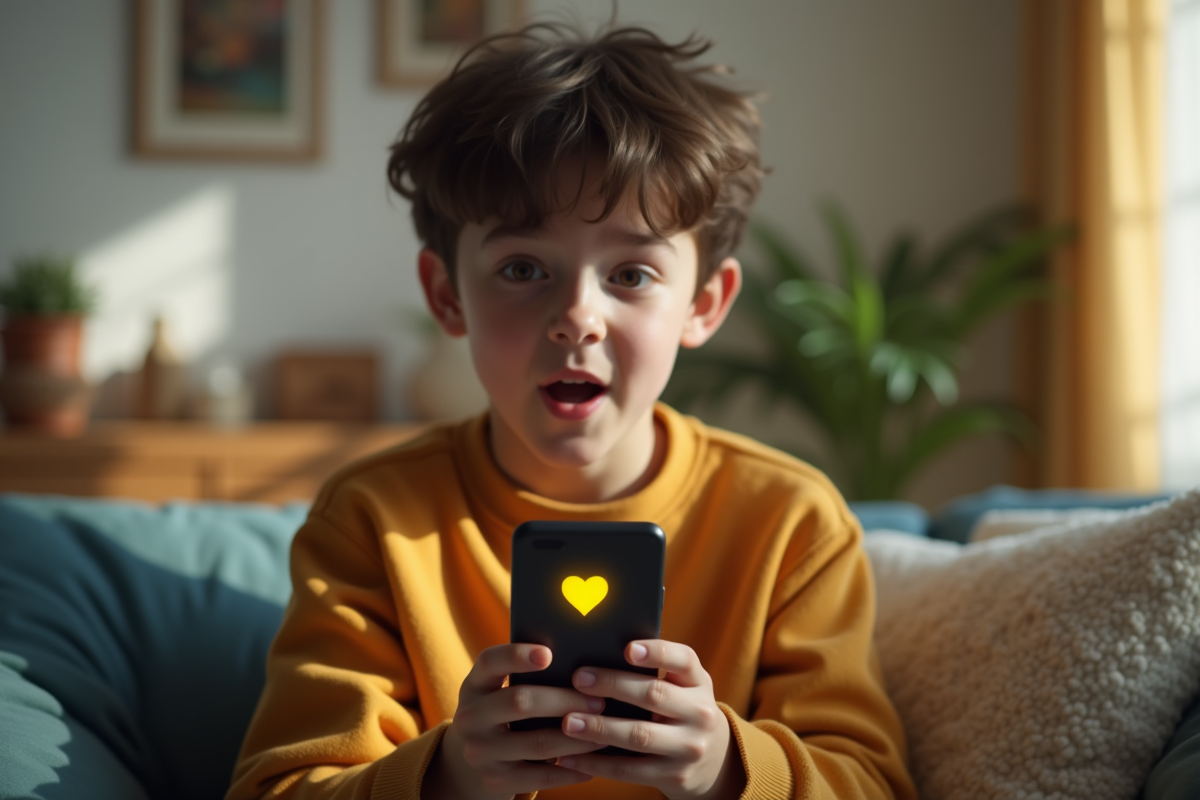 Jeune adulte surpris avec smartphone et emoji cœur jaune
