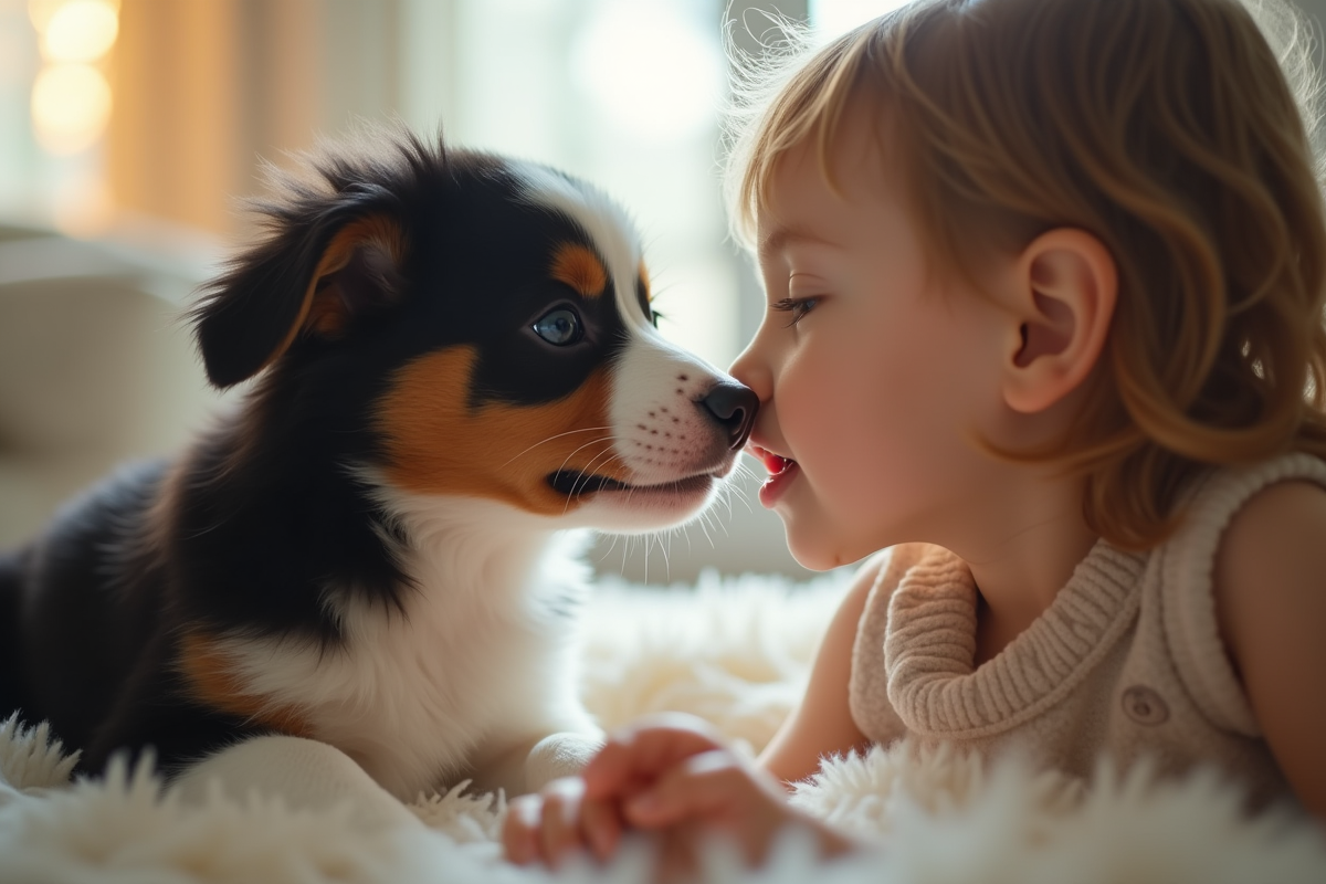 Jeune chiot australien shepherd avec un enfant en intérieur