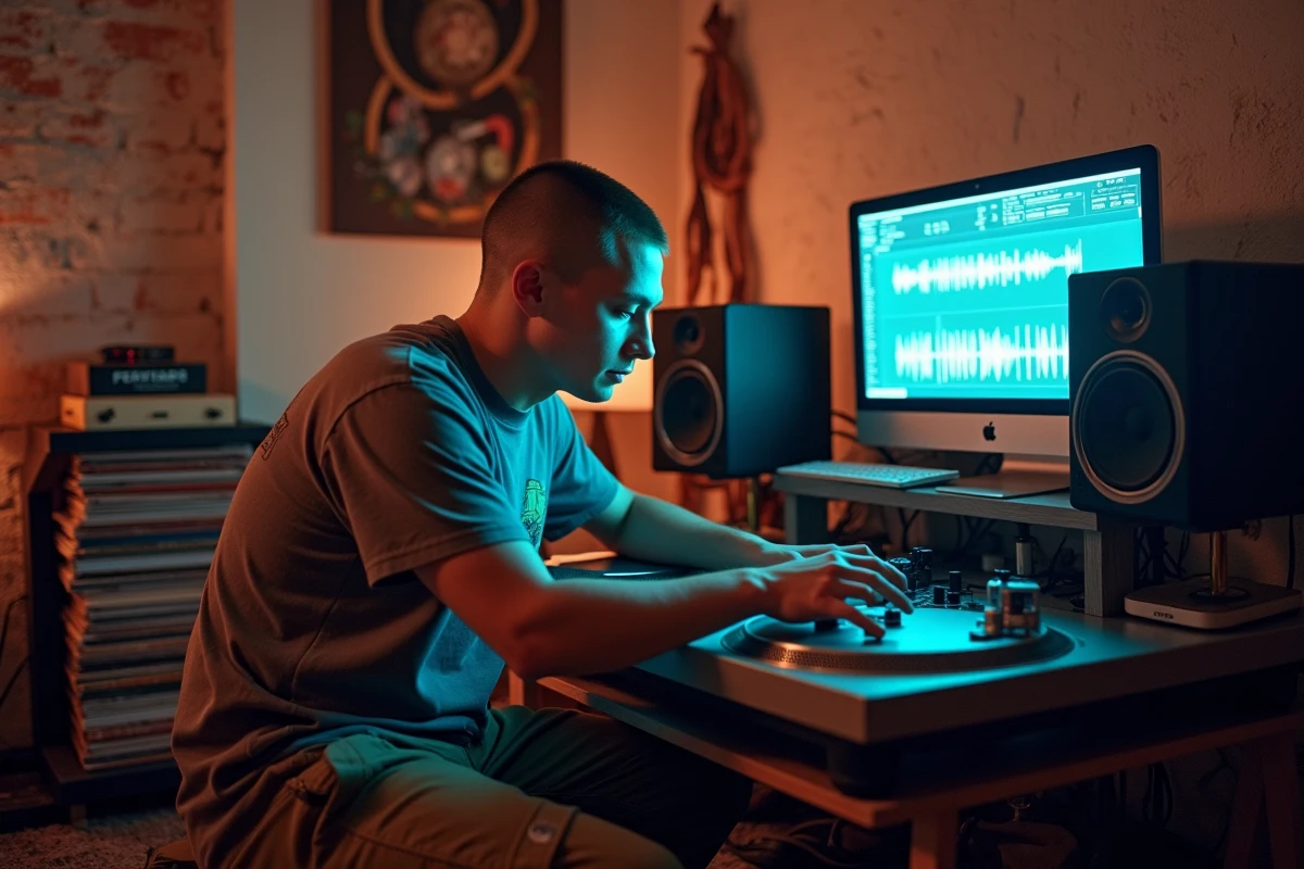 Jeune homme DJ mixant sur platines vinyle dans un studio maison entouré de matériel techno