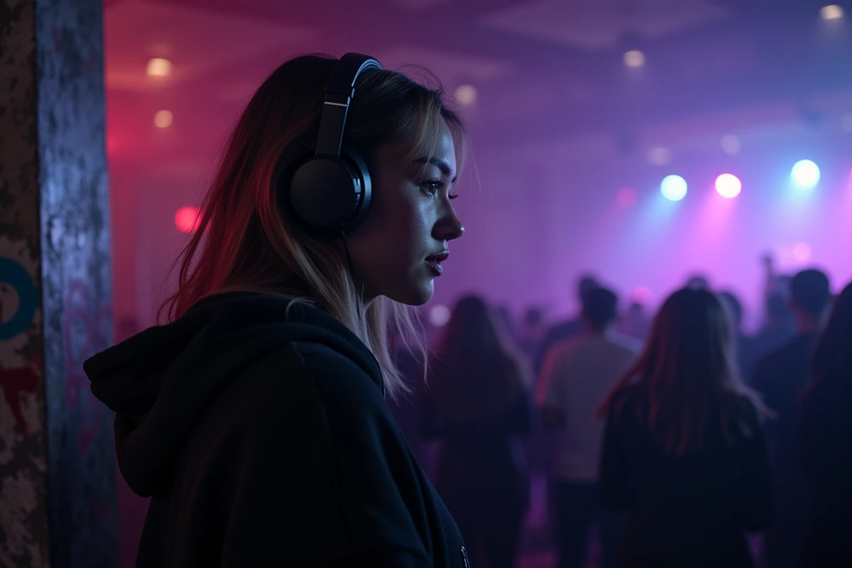 Jeune femme passionnée de techno dans un club underground avec casque audio et ambiance urbaine sombre