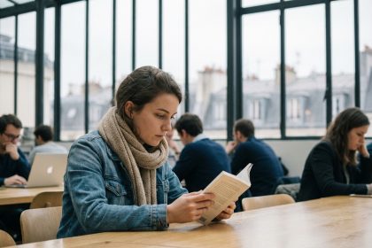 Jeune femme lisant dans un espace de coworking parisien