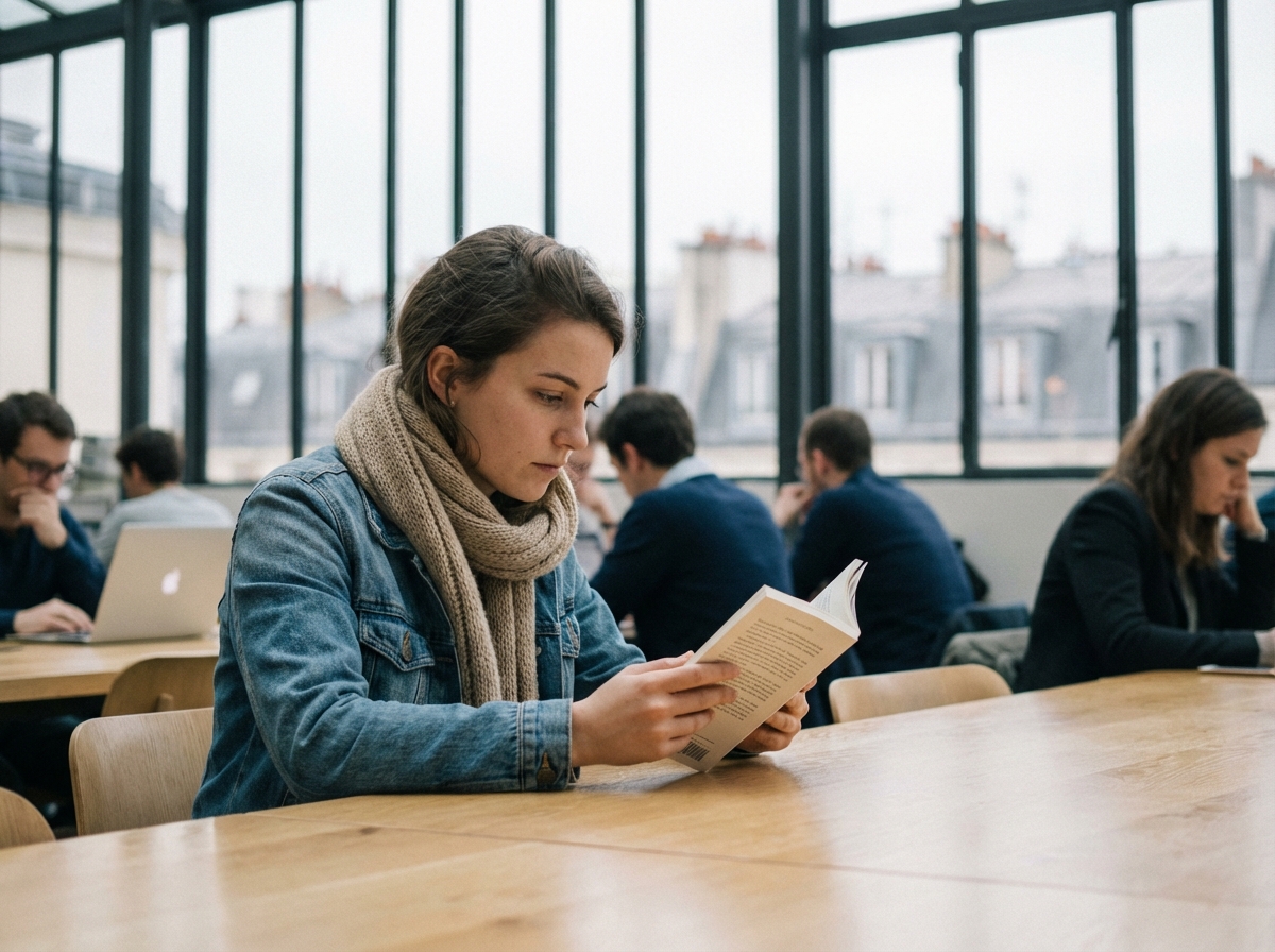 Jeune femme lisant dans un espace de coworking parisien