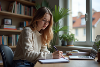 Jeune femme concentrée à son bureau dans un appartement