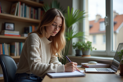 Jeune femme concentrée à son bureau dans un appartement