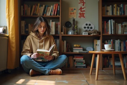 Jeune femme française lisant un manga dans un appartement cosy entouré de nombreux volumes de mangas