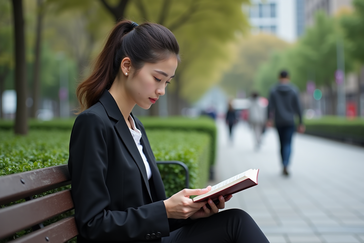 Jeune femme lisant un livre de finances en ville