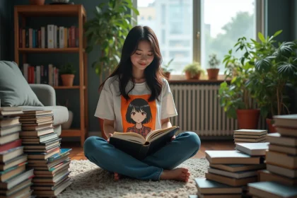 Jeune femme lisant des manhwa dans un salon cosy
