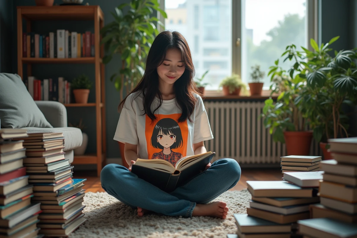 Jeune femme lisant des manhwa dans un salon cosy