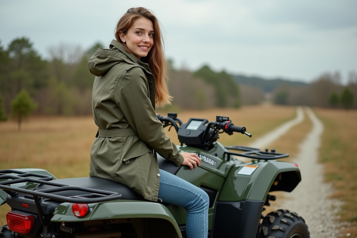 Jeune femme assise sur un quad dans un environnement rural
