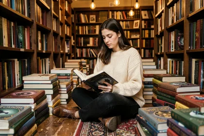 Jeune femme comparant deux romans romantasy dans une librairie indépendante entourée de piles de livres fantasy aux couvertures ornées
