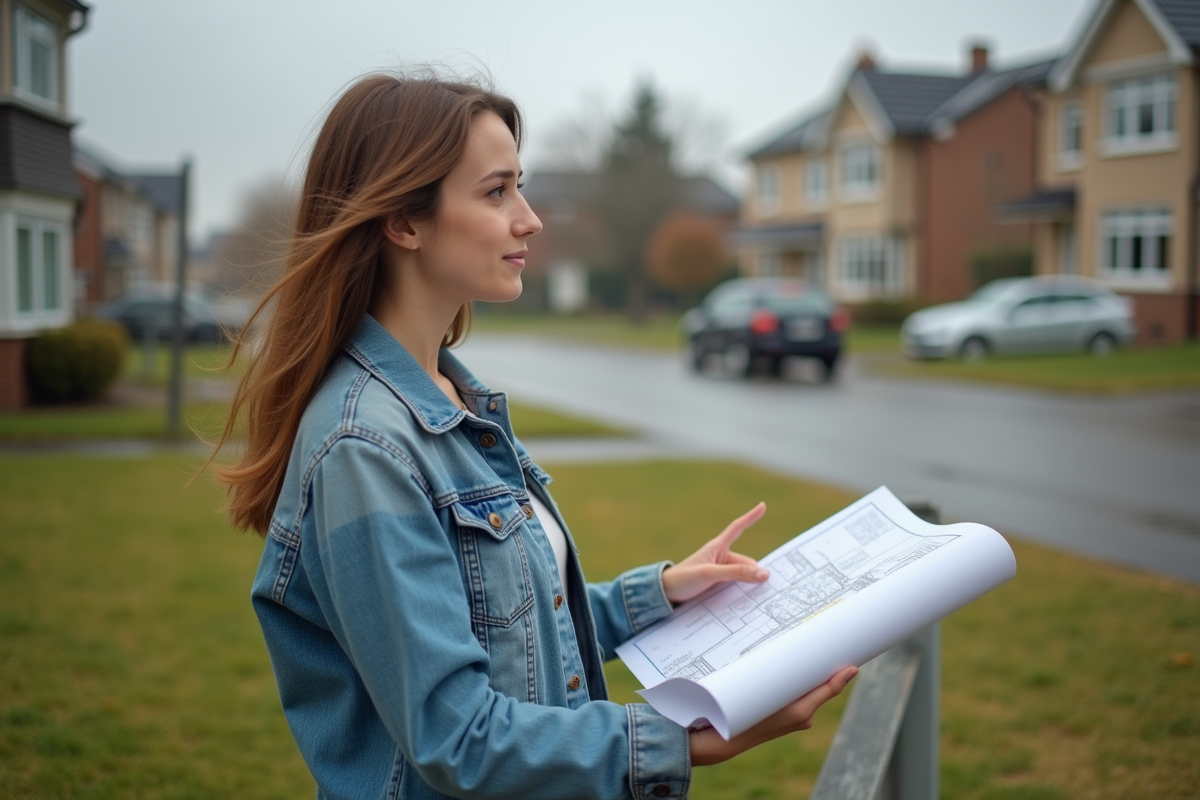 Jeune femme avec plan de survey sur terrain résidentiel