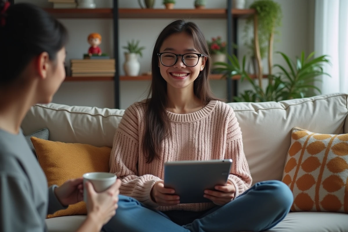 Jeune femme souriante regardant son manga sur tablette