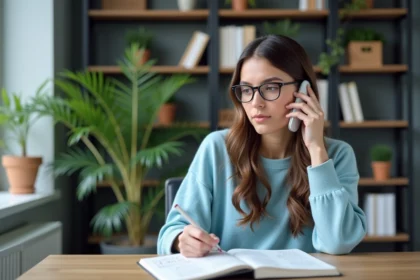 Jeune femme au bureau utilisant son smartphone pour appeler
