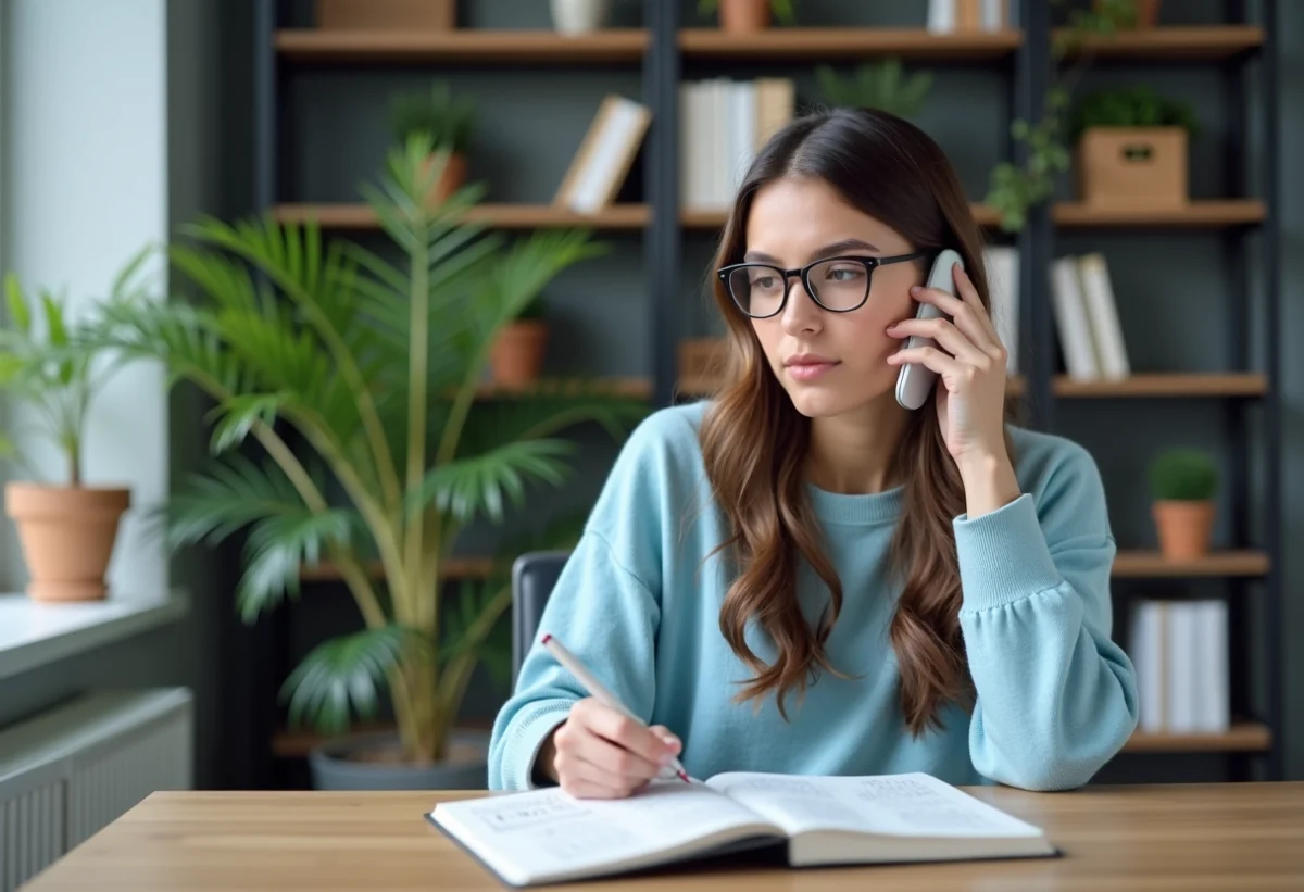 Jeune femme au bureau utilisant son smartphone pour appeler