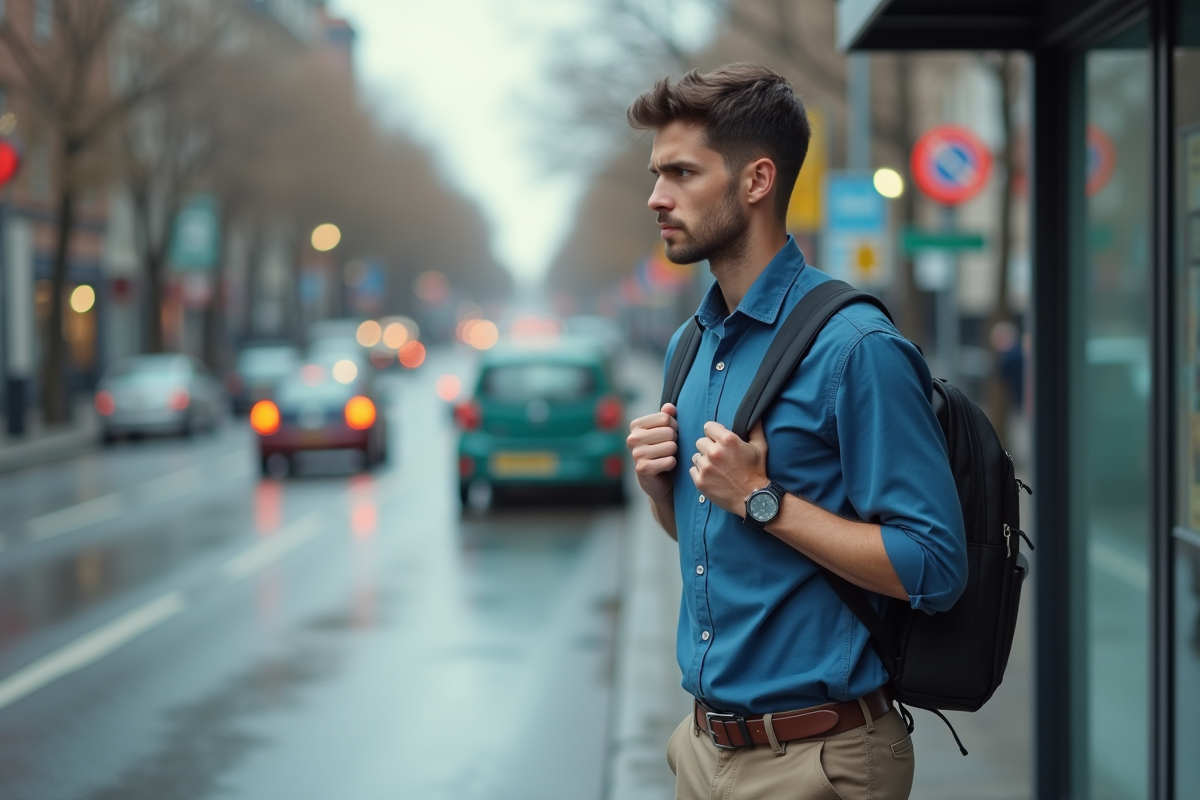 Jeune homme anxieux à un arrêt de bus en ville