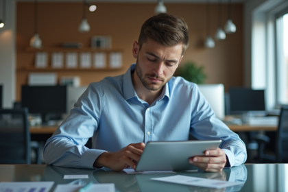 Jeune homme professionnel examine diagramme blockchain sur tablette