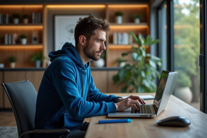 Jeune homme en hoodie bleu travaillant sur son ordinateur dans un bureau moderne