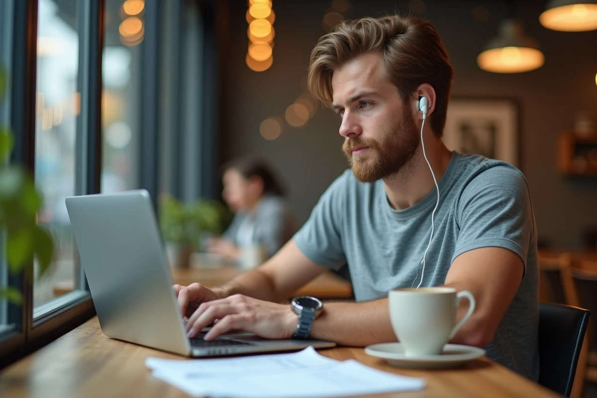 Jeune homme au café utilisant son ordinateur portable