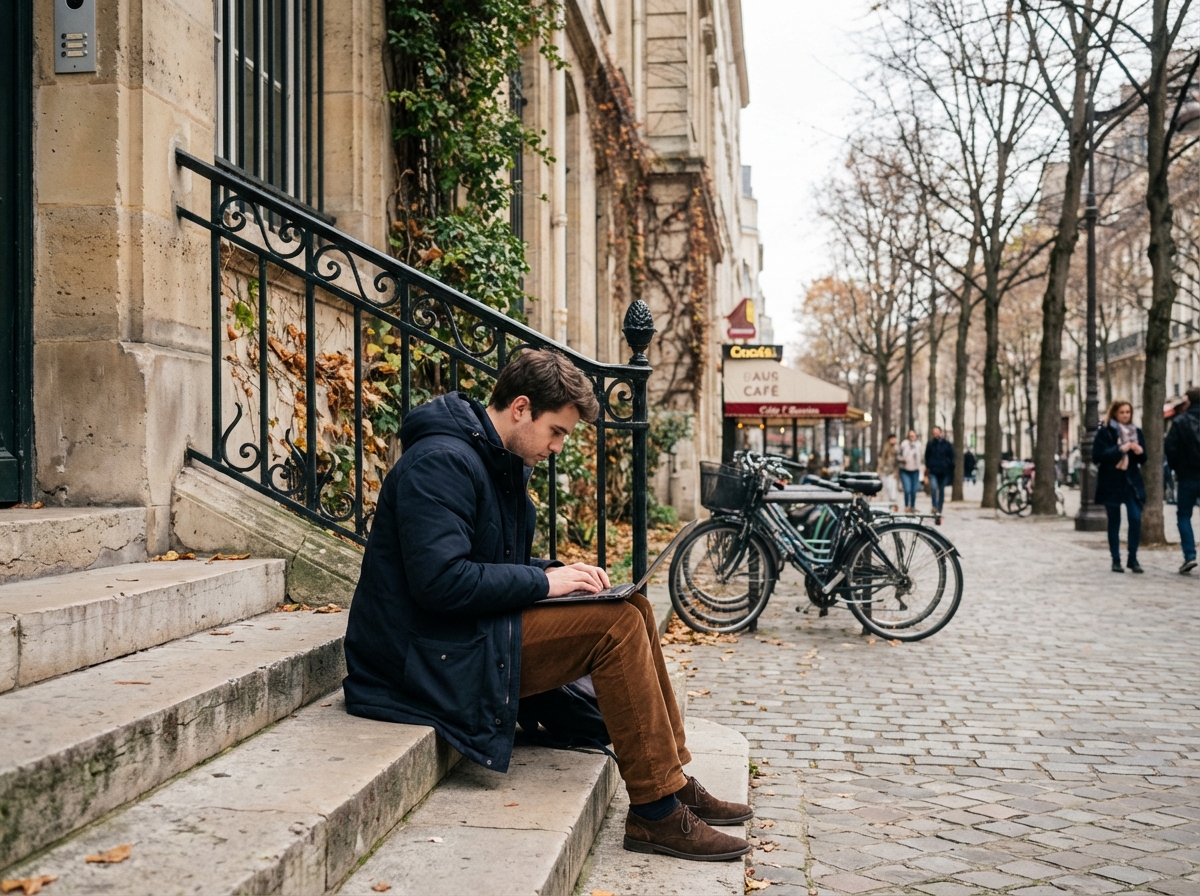 Jeune homme travaillant sur son ordinateur devant un bâtiment parisien