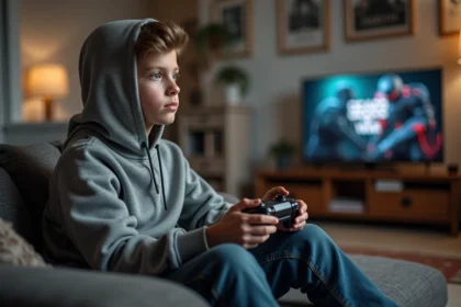 Jeune homme concentré jouant à Gears of War E Day sur canapé