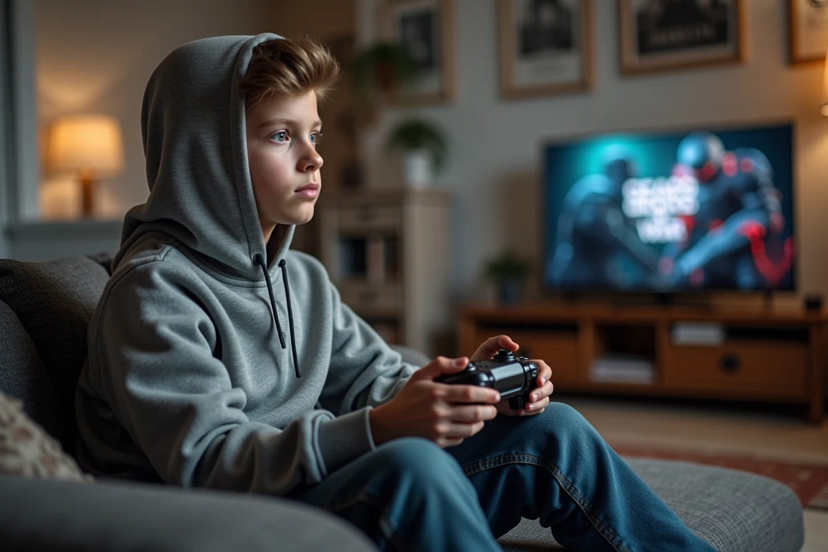 Jeune homme concentré jouant à Gears of War E Day sur canapé