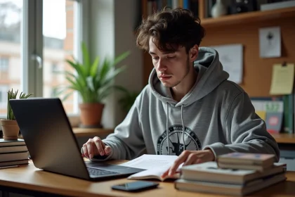 Jeune homme étudiant lisant manga dans son bureau