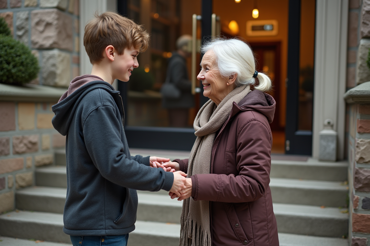 Jeune garçon tenant la porte pour une personne âgée devant une bibliothèque