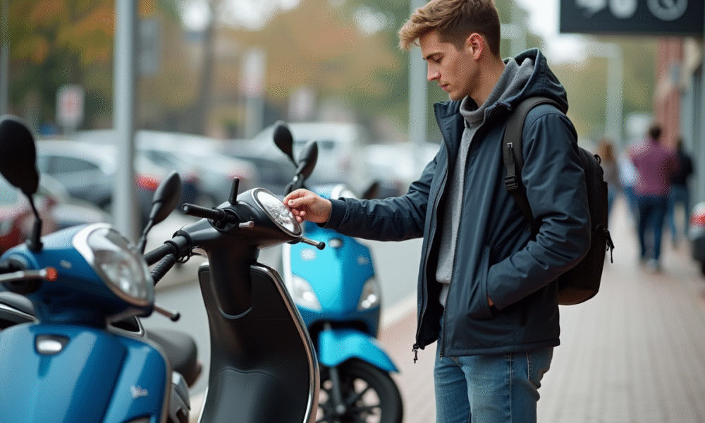 Jeune homme examine le prix d'un scooter 50cc en concession