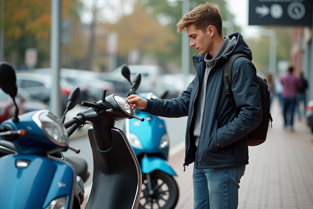 Jeune homme examine le prix d'un scooter 50cc en concession