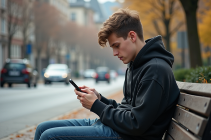 Adolescent seul sur un banc de parc urbain regardant son smartphone