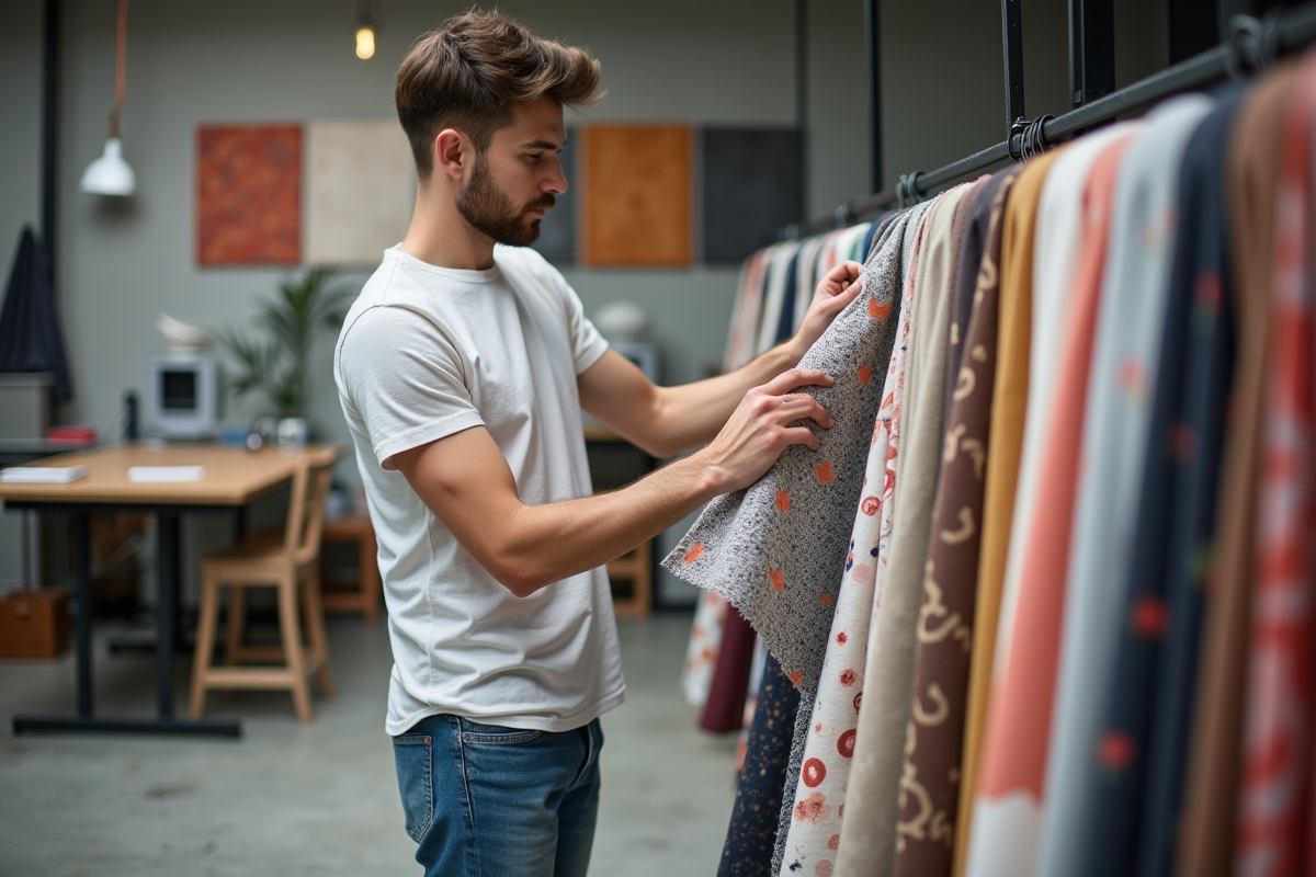 Jeune homme examinant des textiles imprimés dans un atelier moderne