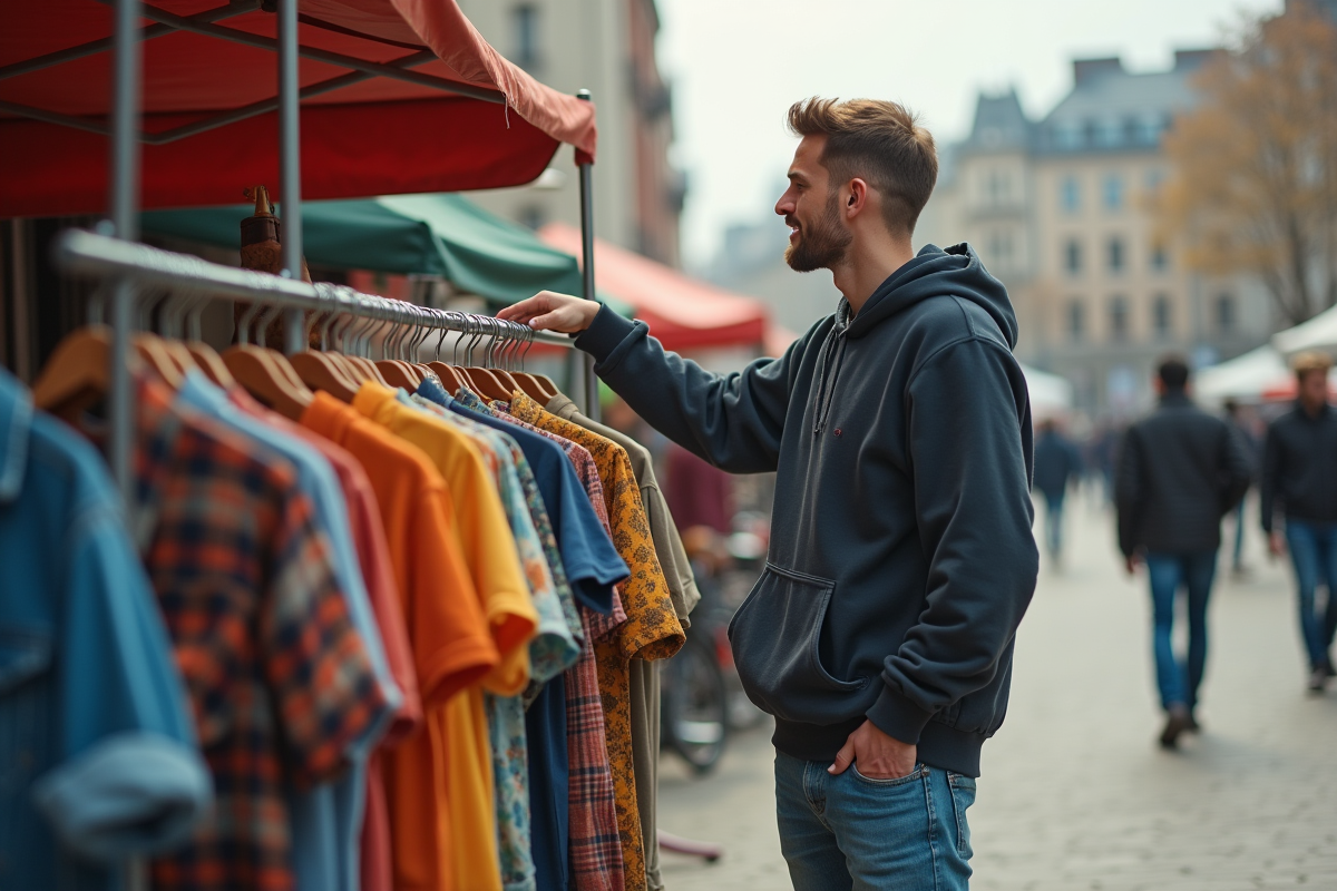 Jeune homme montrant un vêtement vintage dans un marché urbain