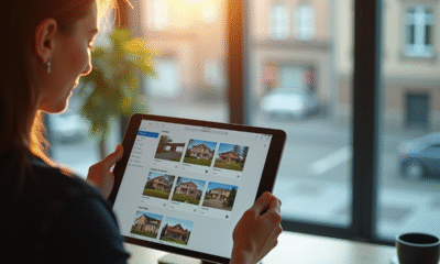 Jeune professionnel examine des annonces immobilières sur un écran lumineux