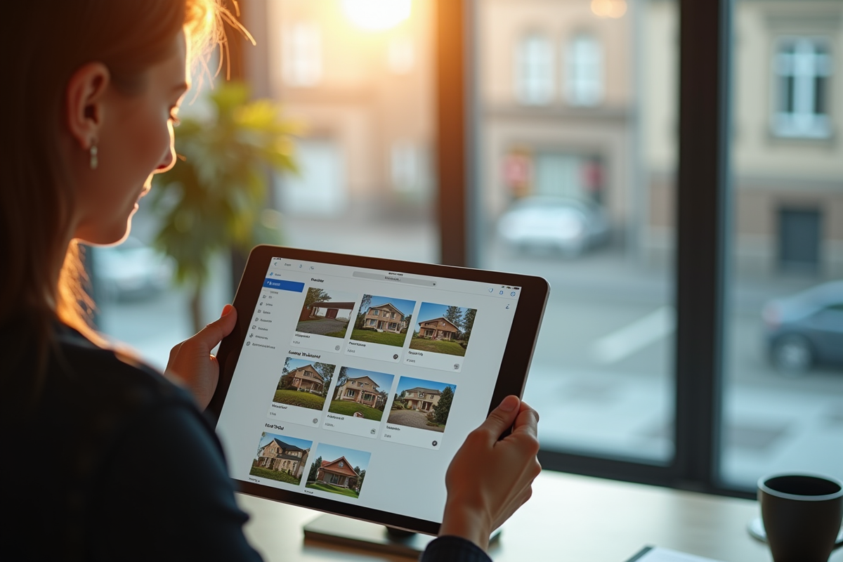Jeune professionnel examine des annonces immobilières sur un écran lumineux