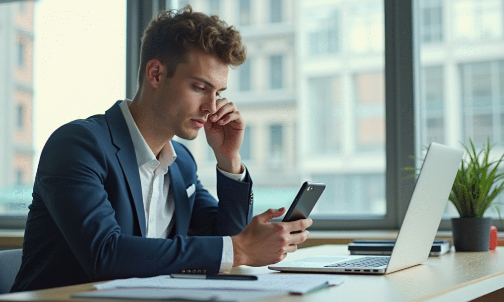 Jeune professionnel utilisant un smartphone pour une verification securisee au bureau