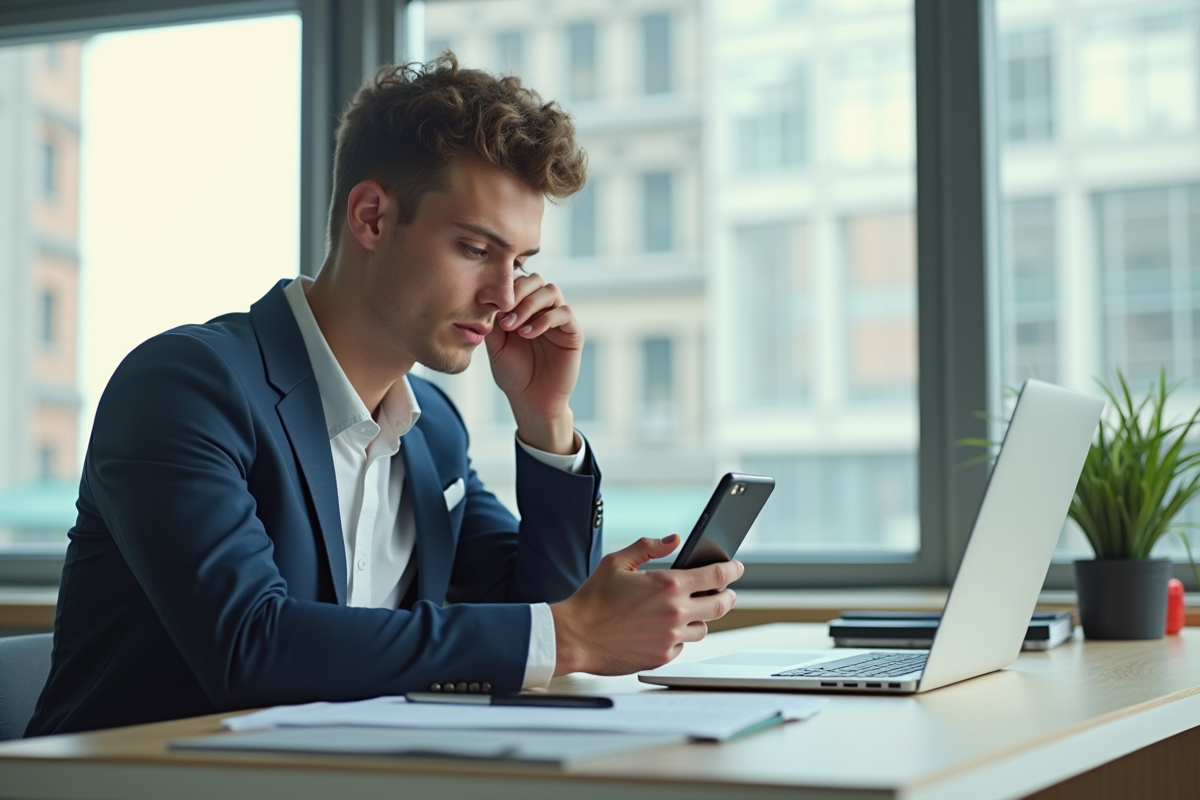Jeune professionnel utilisant un smartphone pour une verification securisee au bureau