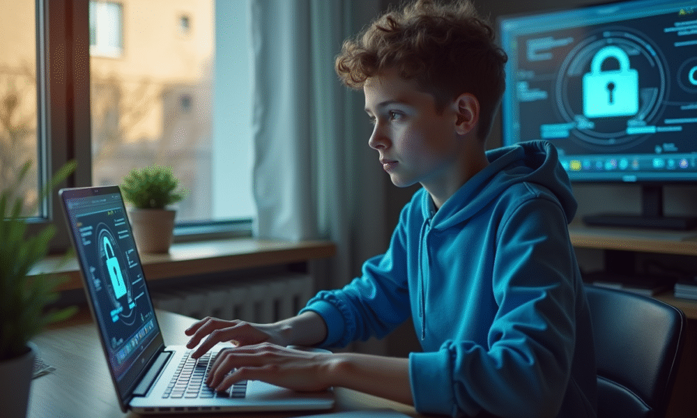 Jeune personne travaillant sur un ordinateur avec logos VPN