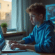 Jeune personne travaillant sur un ordinateur avec logos VPN