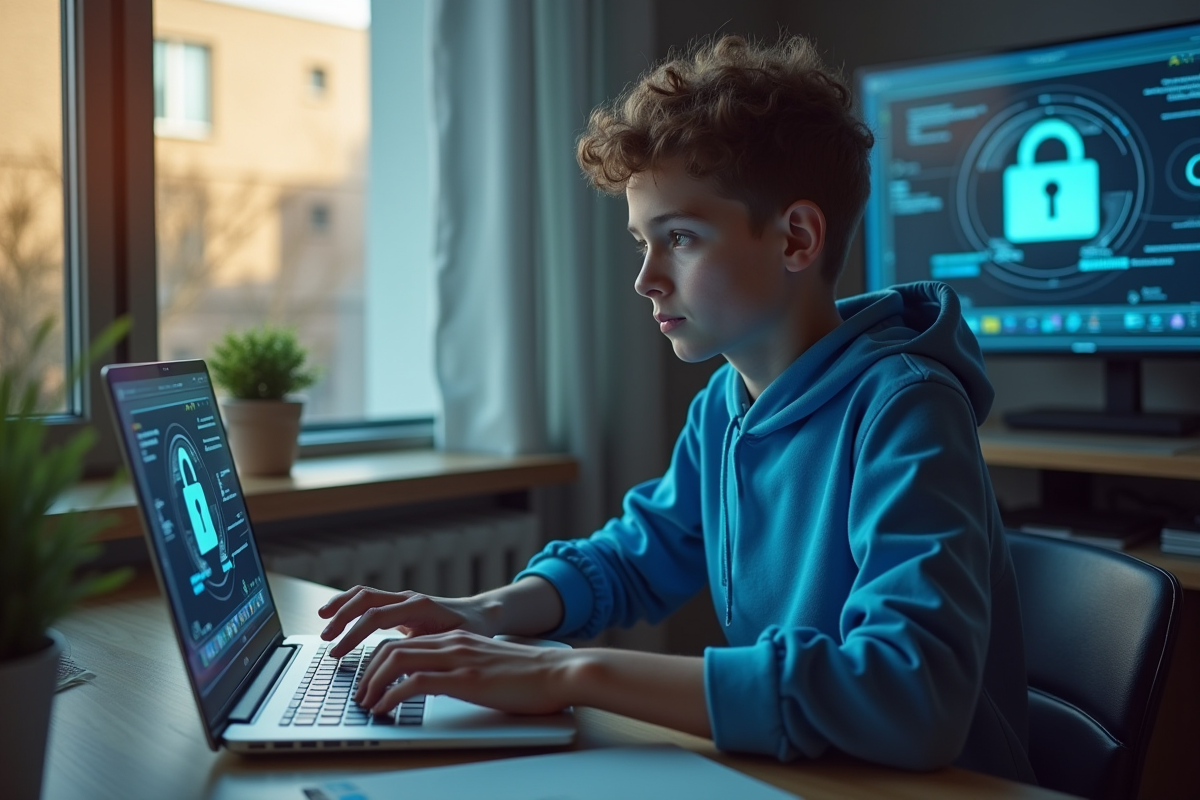 Jeune personne travaillant sur un ordinateur avec logos VPN